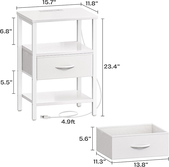 SUPERJARE Nightstand with Charging Station, Bed Side Table with Adjustable Fabric Drawer, Night Stand for Bedroom, 3-Tier Storage End Table, for Living Room, White | Night Stand for Bedroom, with Adjustable Fabric Drawer, 3-Tier Storage End Table, for ...