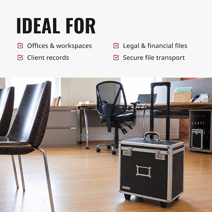 Vaultz Locking Mobile Business Case, Legal Size, Black, 14.5 x 13.5 In | Key lock securely closes case for documents on the go, legal-size interior fits letter and legal paperwork, durable case