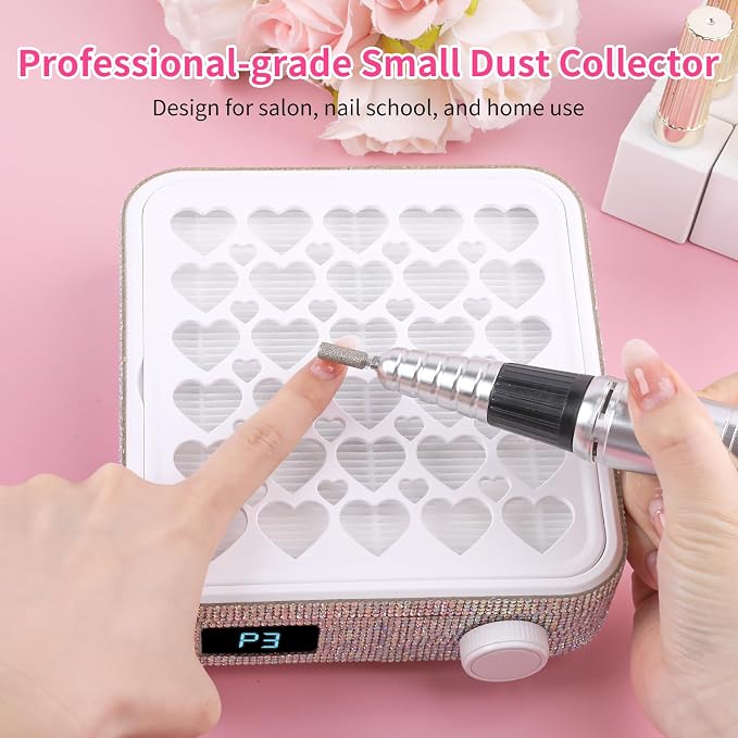 BQAN Portable Nail Dust Collector with 4200RPM Fan White AB Rhinestones | 10pcs Filter Papers Include & Nail Brush | Strong Suction | Adjustable Speed | For Acrylic & Gel | Professional & Home Use
