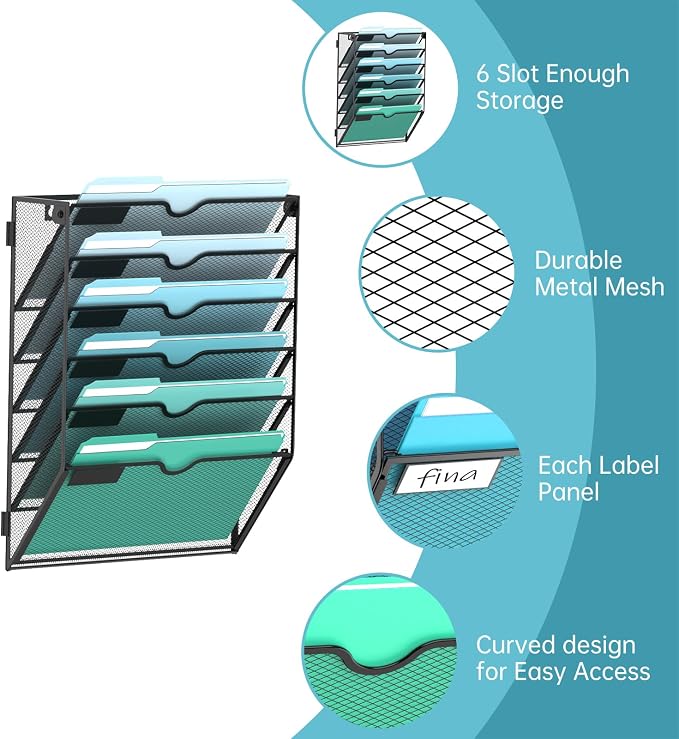 6-Tier Wall File Organizer, Hanging File Holder, Wall Mounted Mail Sorter | Metal Mesh Hanging File Organizer with Open Compartments and Label Panels for Papers and Folders at Home, Office or School