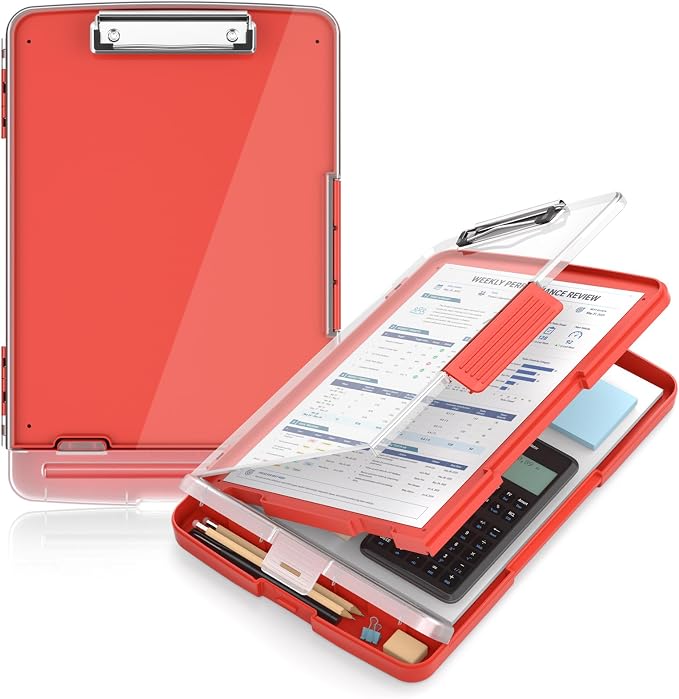 Clipboard with Storage and Pen Holder, Red 8.5 x 11'' Folder Side Open, Heavy Duty with Dual Compartment, Clear Dry Erase for Coach, Size 14.5 x 9.8 x 1.5'', Office & School Supply
