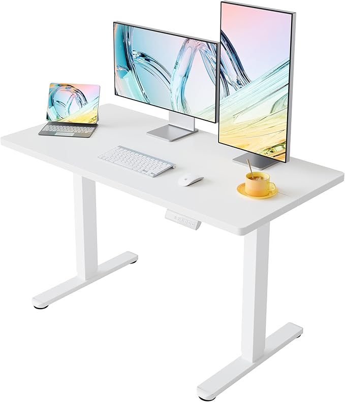 HUANUO 43 x 24 inch Electric Standing Desk Adjustable Height, 4 Memory Height Settings, Sit Stand Up Desk for Home Office & Computer Workstation, White