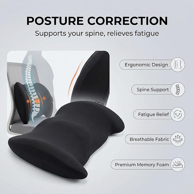 Lumbar Support Pillow Memory Foam Back Cushion for Sciatica & Lower Back Pain Relief Orthopedic Posture Corrector for Office Chair Gaming Chair Car Seat Breathable Washable - Black