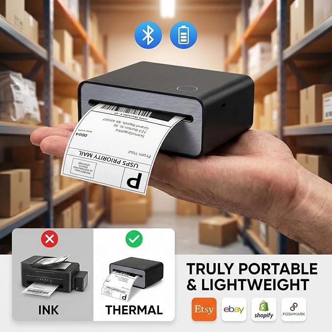 4x6 Thermal Shipping Label Printer - Wireless Bluetooth, Rechargeable Battery, No Ink Needed - for iPhone, Android, Home