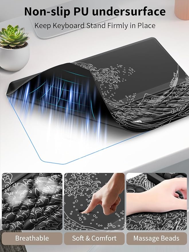 3-in-1 Ergonomic Keyboard Stand with Wrist Rest & Mouse Pad Set, Black Wave | Comfy Keyboard Riser Holder Soft Mousepad with Massage Design, Memory Foam and Non-Slip PU Base for Pain Relief