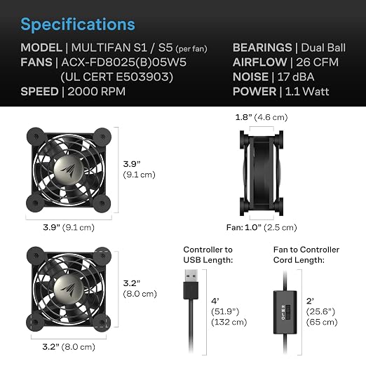 AC Infinity MULTIFAN S1, Quiet 80mm USB Fan, UL-Certified for Receiver DVR PlayStation Xbox Computer Cabinet Cooling