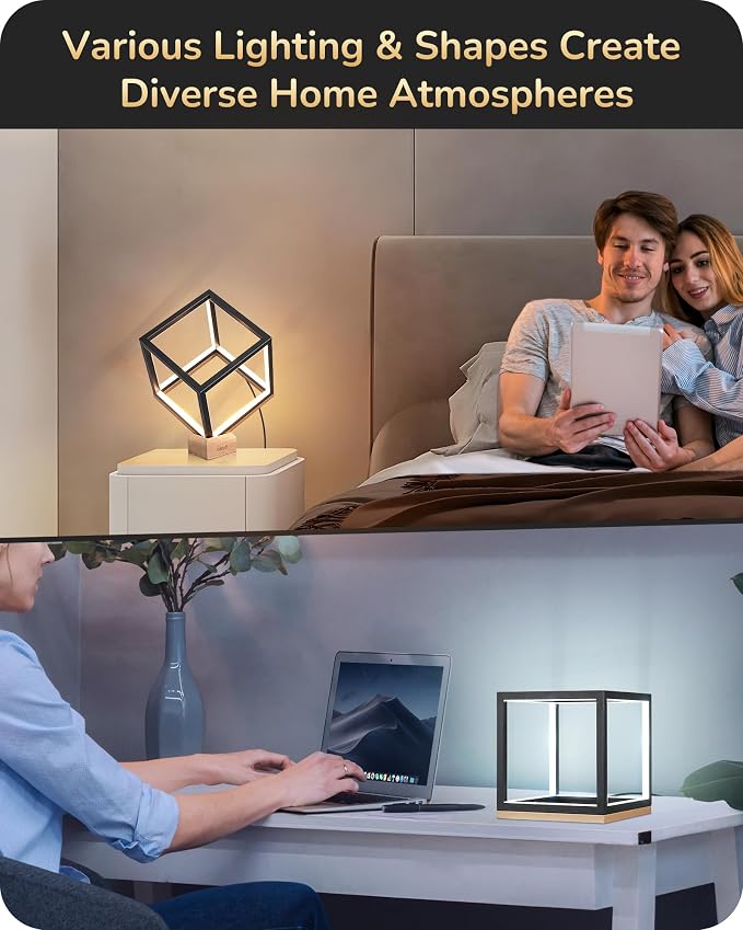 EDISHINE Modern LED Table Lamp, Minimalist Bedside Lamp for Living Room | Solid Wood Base, 3 Way Dimmable, 3000K/4500K/6000K, 470LM, Black Gold Square Geometric for Bedroom, Office