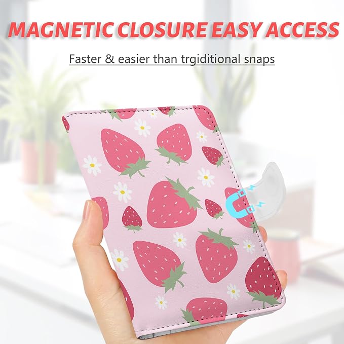 Passport Holder, Cute Travel Wallet Cover with RFID Blocking,Strawberry | PU leather travel wallet with magnetic closure, card slots, pen loop, and easy access for passports and essentials.