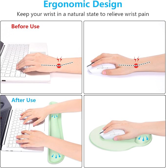 Dapesuom Keyboard Wrist Rest and Mouse Pad with Wrist Support, Memory Foam Cushion for Keyboard and Mouse Set, Ergonomic Desktop Pad Rests with Non Slip Base for Easy Typing & Pain Relief, Lake Green