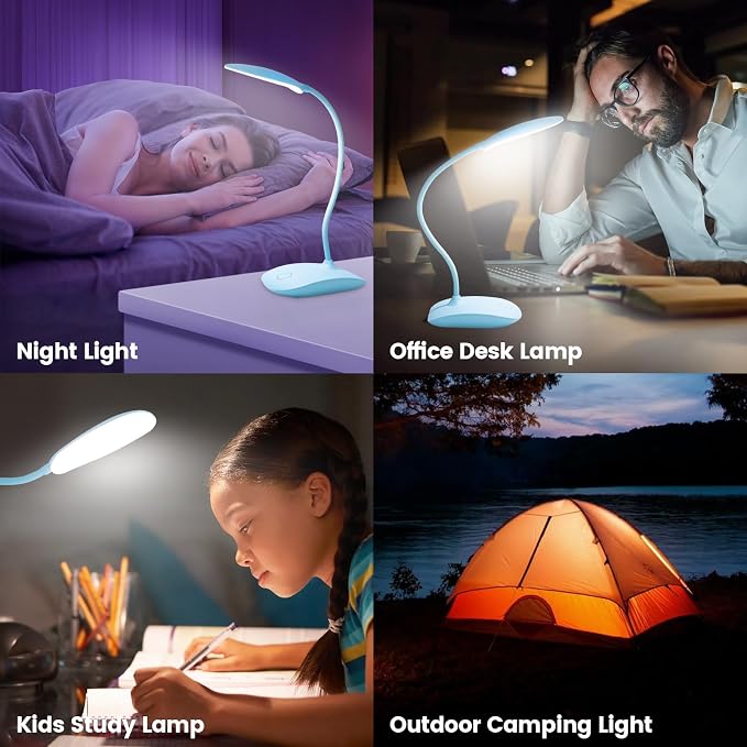 Portable Battery Powered Desk Lamp Small Rechargeable LED Table Light | 400 Lumen Eye Care,3 Color Temperatures,Stepless Touch Dimming,360° Adjustable for Nail Study Dorm Office Bedroom,Blue 1 Pcs