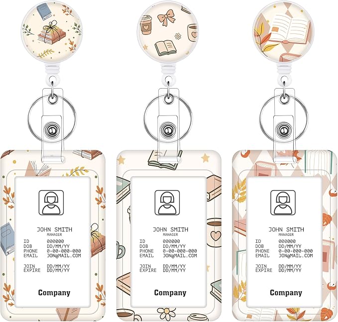 3 Set Badge Holder Retractable Reel Book Pattern ID Badge Holders with Clip Cute Name Badge Holders for Teacher Nurse Doctor Student Office Workers