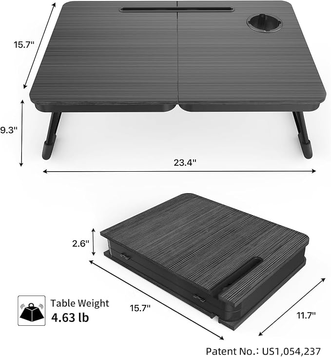 BUYIFY 23.4" Foldable Lap Desk Bed Table with Cup Holder Tray Black | Portable Folds Flat for Easy Storage, No Assembly Laptop Bed Desk, Sturdy and Lightweight, Patent Design