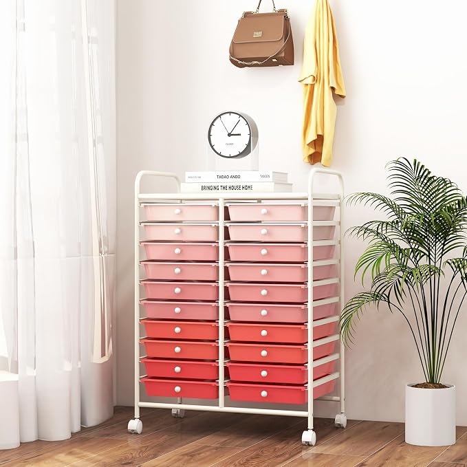 RELAX4LIFE 20 Drawer Rolling Storage Cart, Mobile Rolling Cart w/Drawers for School Classroom Teacher Office Home Salon, Paper File Art Supply Craft Organizer, Utility Cart on Wheels (Gradient Pink)