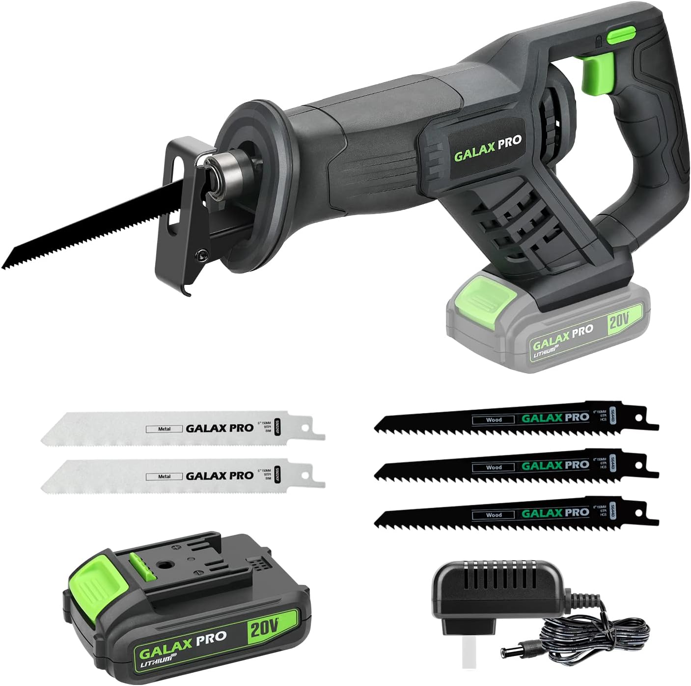 GALAX PRO Cordless Reciprocating Saw with 20V 2.0Ah battery, 0-3000RPM Variable Speed Power Reciprocating Saws with 7/8" Stroke Length,5pcs Zallsaw Blade for thin wooden board, soft metal Cutting