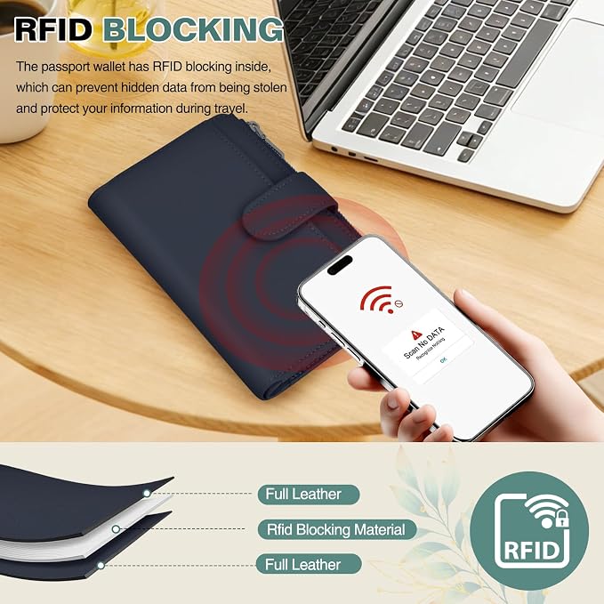 RFID Passport Holder for Travel, Leather Passport Wallet Cover with Airtag | with Airtag Slot, Card Cash Holders, Zippered Coins Pocket, for Women/Men, Gift Box, Travel Essentials, 4.1"L x 1"W x 6.3"H