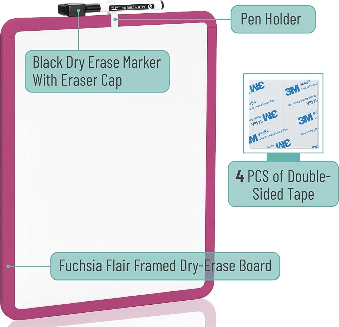 Mr. Pen- Dry Erase Board, 14” x 11” with a Black Dry Erase Marker | Magenta Frame, Small Mini White Board for Students, Fridge, Wall, Locker, Includes Double Sided Tapes