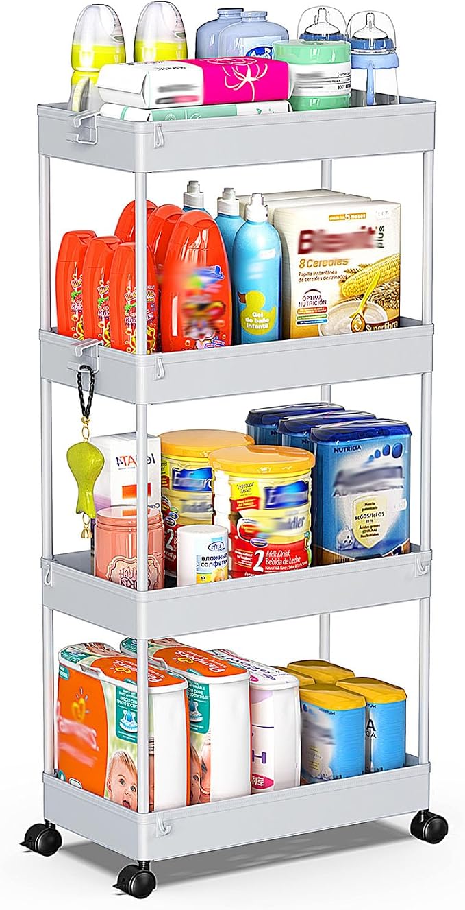 SPACEKEEPER 4 Tier Rolling Cart, Bathroom Cart Organizer with Wheels, Gray | Mobile Storage Cart for Laundry Room Organization,Kitchen,Office,Bathroom, Utility Cart for Snack,Craft,Art,Makeup,Nail,Toys