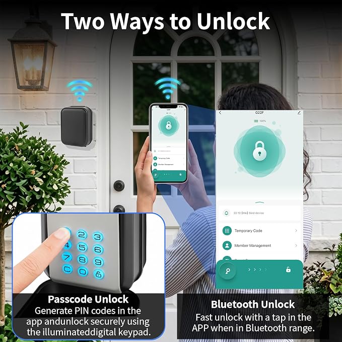 Smart Key Lock Box with Bluetooth APP, Remote Code Sharing & PIN Code Unlock, IP65 Heavy Duty Zinc Alloy Wall Mounted for Airbnb Hosts Realtors, Holds 5 Keys+Cards (Gray)