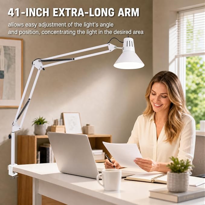 White Desk Lamp with Clamp, Extra-Tall Adjustable Metal Swing Arm, 5000K | Manicurist Table Lamp for Nail Work, Drafting, Sewing, Crafting, College Dorm and Home Office, A19 Bulb Included