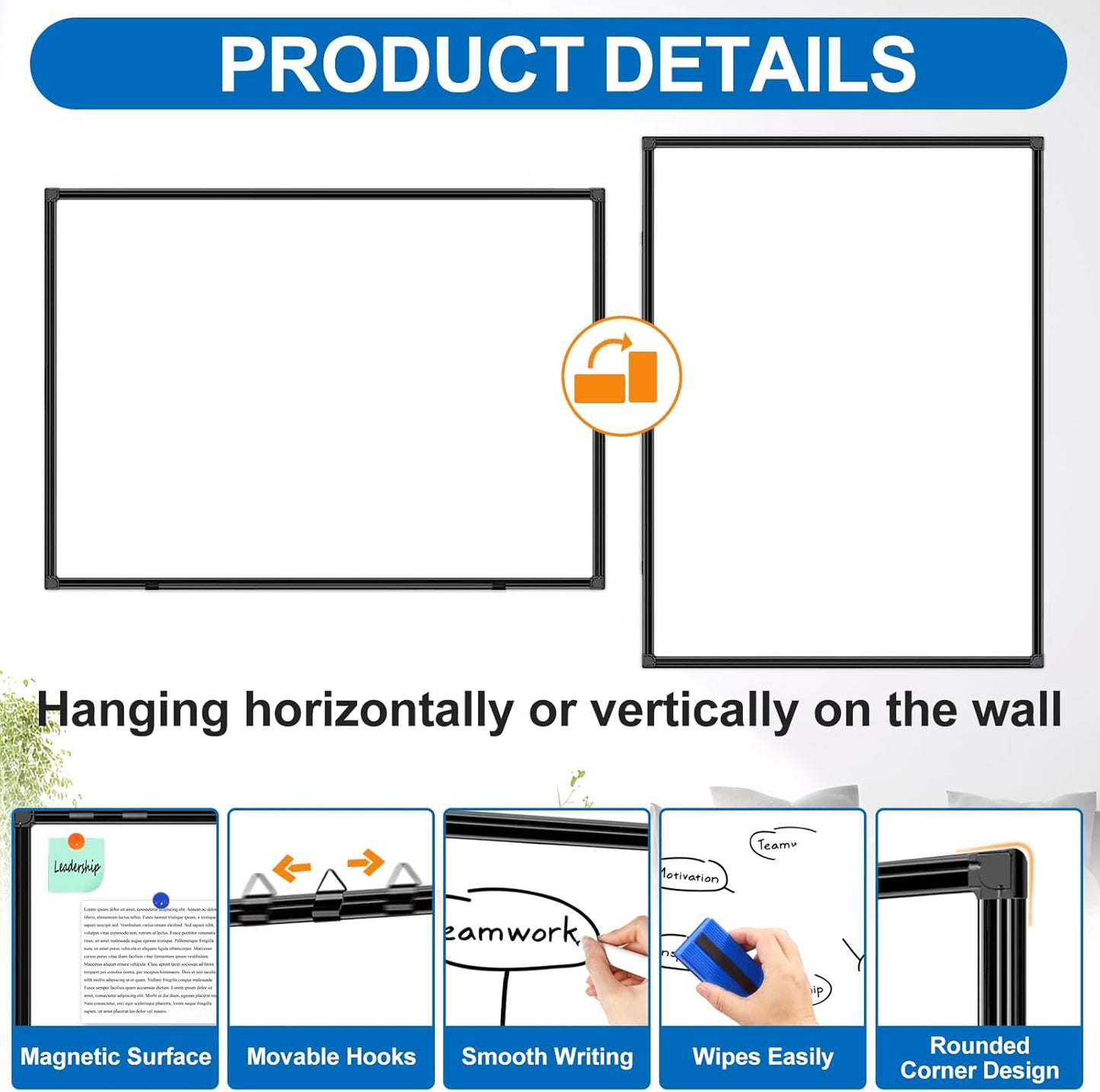H-Qprobd Large Magnetic White Board Dry Erase Whiteboard with Black Aluminum Frame, 60"X40" Hanging White Boards for Wall with Long Pen Tray, Presentation Board for Office Classroom Home
