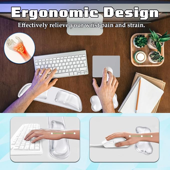 3PCS Gel Wrist Rest for Keyboard and Mouse with Computer Keyboard Stand Set | Ergonomic Wrist Rest for Keyboard with Mouse Hand Support & Keyboards Stand, Non-Slip Base to Office, Gaming, Work (Clear)