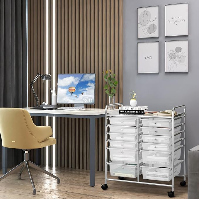 COSTWAY 12-Drawer Rolling Storage Cart, Moveable Art Craft Organizer | Lockable Wheels, Metal Shelf, Files Arrangement Tools Makeup Storage Cart for Office, Home, School (Clear)