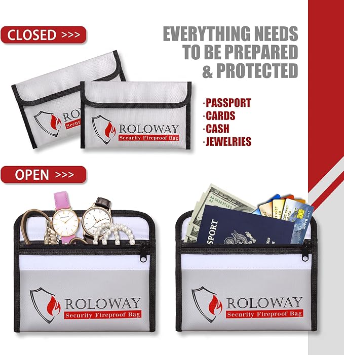 Small Fireproof Bag (5 x 8 inches), Non-itchy Fireproof Money Bag for Cash, Valuables, Passport, Currency & Keys (2-Pack Silver)