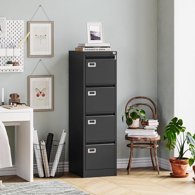 MIIIKO 4 Drawer File Cabinet with Lock, Metal File Cabinets for Home Office,Vertical Filing Cabinets Office Storage Cabinet for Letter,Legal,A4,File Folders(Black)