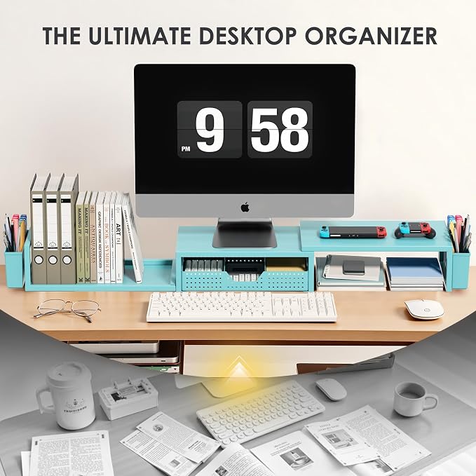 Desk Organizers and Accessories, Dual Monitor Stand Riser with Drawer and 2 Pen Holders, Desk Shelf Computer Monitor Stand for Office Workspace Organizers, Desktop Organization (Blue)