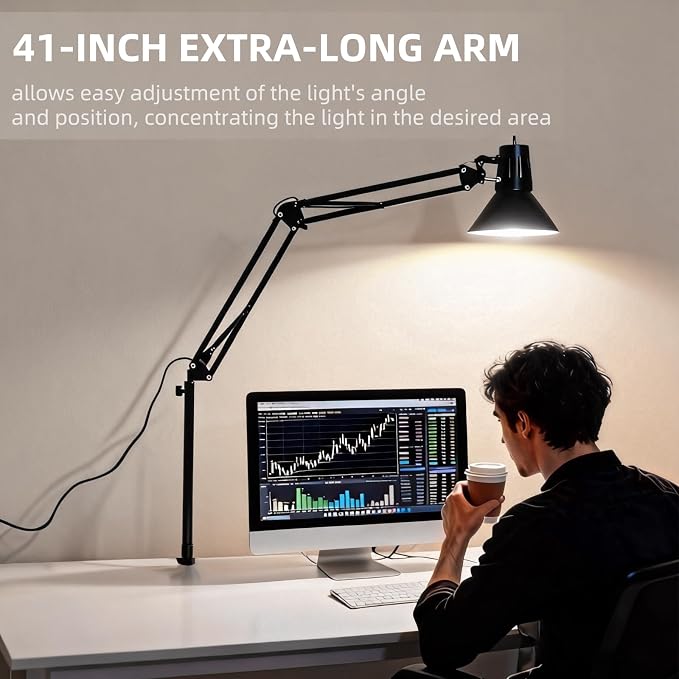 Black Desk Lamp with Clamp, Extra-Tall Adjustable Metal Swing Arm, 2 Pack | Manicurist Table Lamp for Nail Work, Drafting, Sewing, Crafting, College Dorm and Home Office, A19 Bulbs Included