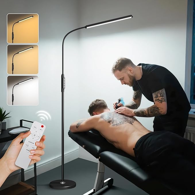 Bright LED Eye-Protecting Reading Floor Lamps Touch and Remote Dimming 3000-6000k, Tattoo Craft Drawing Makeup Adjustable Gooseneck Standing Light,Living Room Chair Sofa Bedroom Office