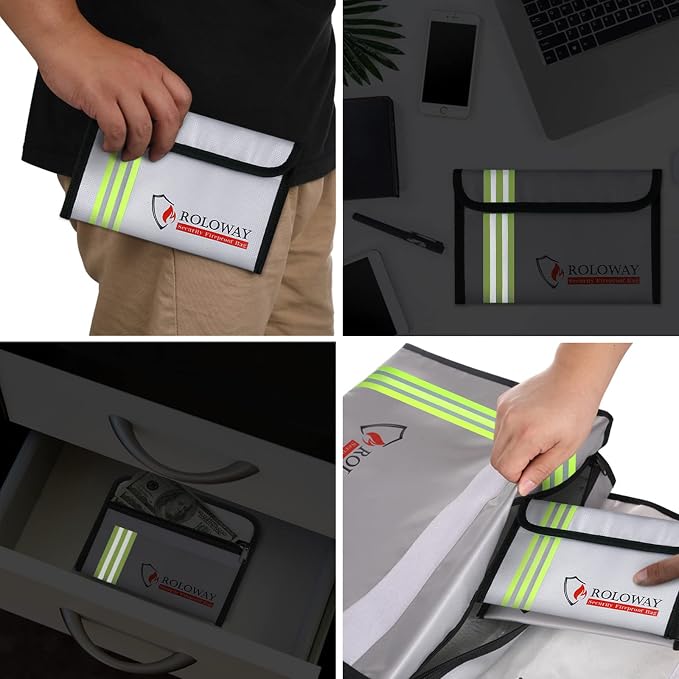 Small Fireproof Bag (5 x 8 inches) with Reflective Strip, Non-itchy Fireproof Money Bag for Cash, Valuables, Passport, Currency & Keys (2-Pack Silver)