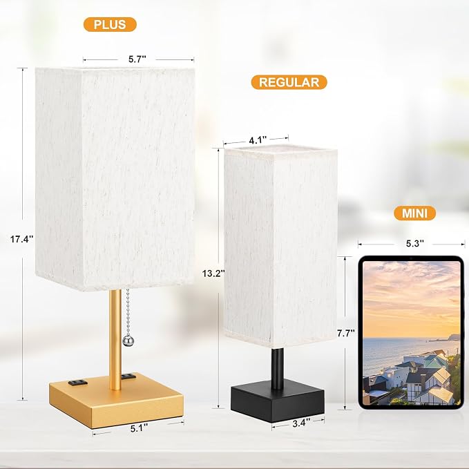 Gold Bedside Lamp for Bedroom - 3 Color Temperatures, USB A+C, 2 AC Outlets | Pull Chain Switch, LED Bulb Included, Cream Fabric Shade, 17.4" Table Lamp for Nightstand, Desk, Living Room, Office