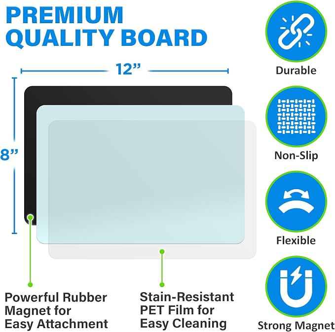 12x8” Magnetic Dry Erase Whiteboards Set for Fridge w/ 4 Markers & Eraser | Yes4Quality, 3 Multicolor White Board Sheets, Stain-Resistant, Sticks to Most Refrigerators, Colorful Markers, Magnet Eraser