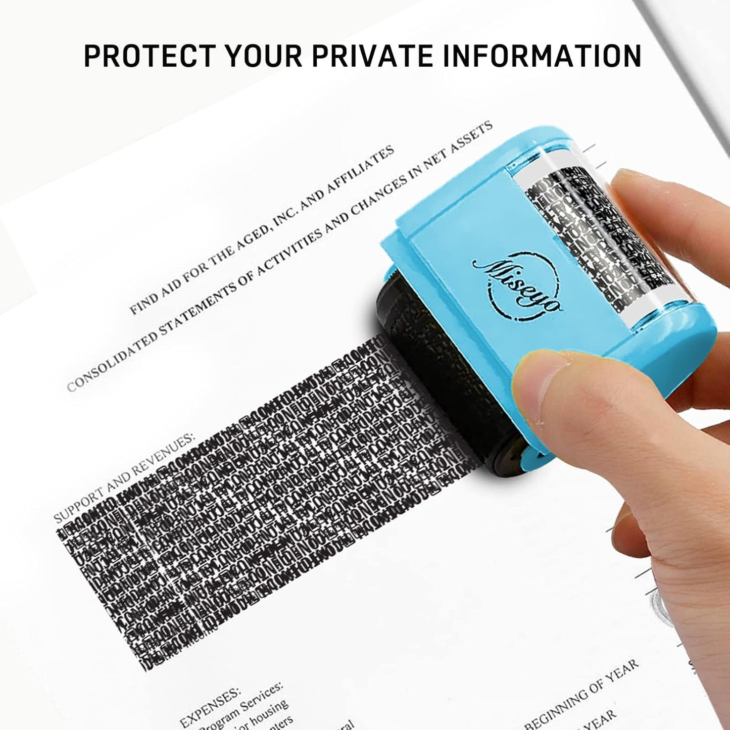 Miseyo Wide Identity Theft Protection Roller Stamp Set - Blue (3 Refill Ink Included)