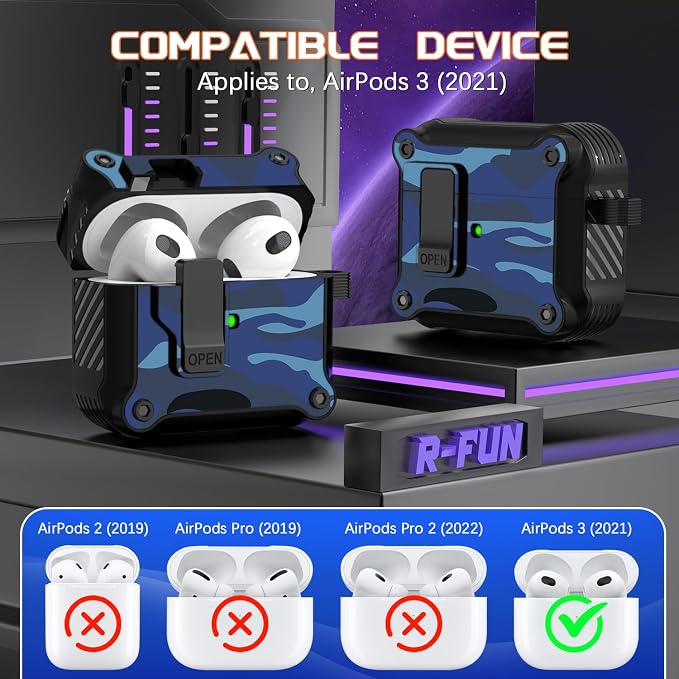 R-FUN for AirPods 3 Case Cover with Lock Magnetic Lid, Camo Blue | Compatible with Apple AirPods 3rd Generation (2019) Case with Cleaner Kit & Carabiner, Powerful Drop Protection