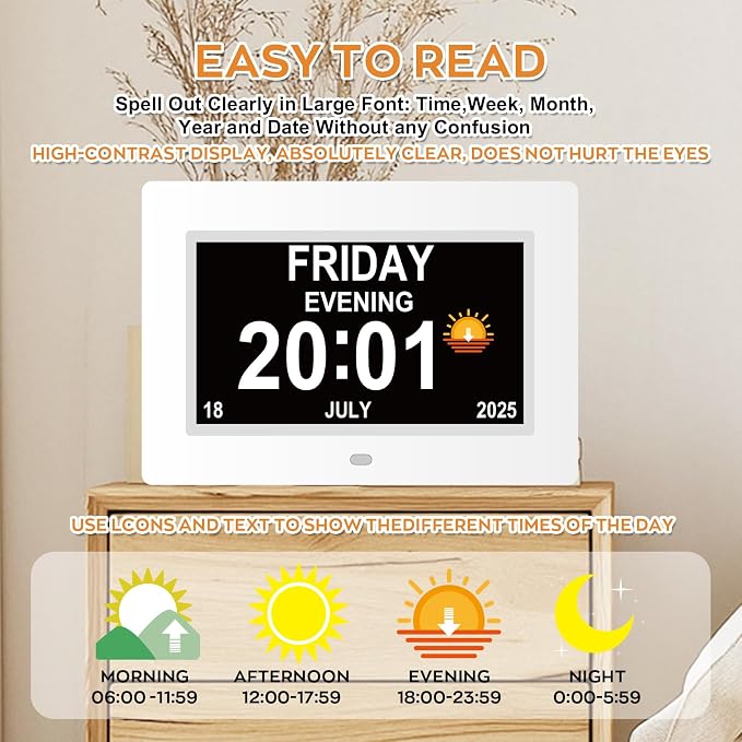 Digital Dementia Clocks for Seniors, 7 Inch, White | Day Date Time Large Display for Poor Vision Easy Read, Medication Reminder Alarm, Spanish 10 Languages, Alzheimer Gifts