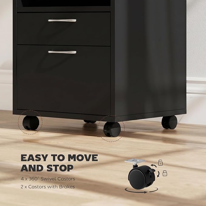 HOMCOM Mobile Storage Cabinet Organizer, Bathroom Drawer Cabinet, Black | Printer Stand, Castors