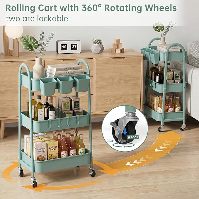 3-Tier Rolling Cart, Utility Cart Mobile Metal Rolling Storage Cart with Lockable Wheels & Hanging Cups & Hooks for Kitchen, Bathroom, Office, Workshop, Green