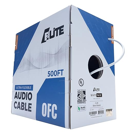 16/2 Audio Speaker Wire Cable, 16AWG/2-Conductor, UL Listed, CMR/CL3R, (Riser/in-Wall & Outdoor/In-Ground (Direct Burial)- 100% Oxygen Free Pure Bare Copper (OFC), 500ft Bulk Cable (65 Strands) White