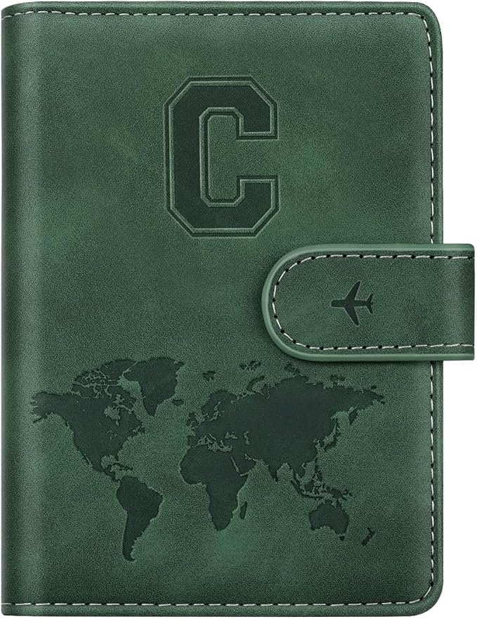Passport Holder Wallet Cover Personalized Initial Travel Essentials | Embossed Letter A-Z Design, Travel Wallets, RFID Blocking, Passport Book Holders, Women and Men, Personalized Gifts, Green-C