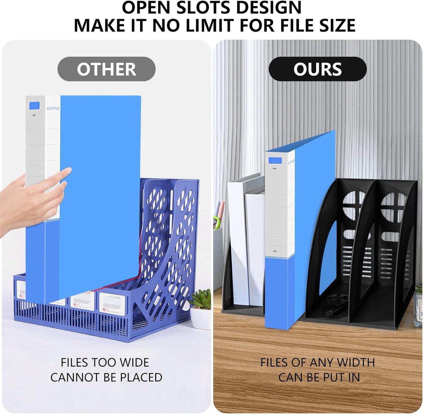 SAYEEC File Holder Storage Folder 4 Compartment Standing Desktop Hollow Organizer Black Files Shelf Frame Thicken Plastic Paper Notebook Magazine Bookstore for Office School Supplier Students