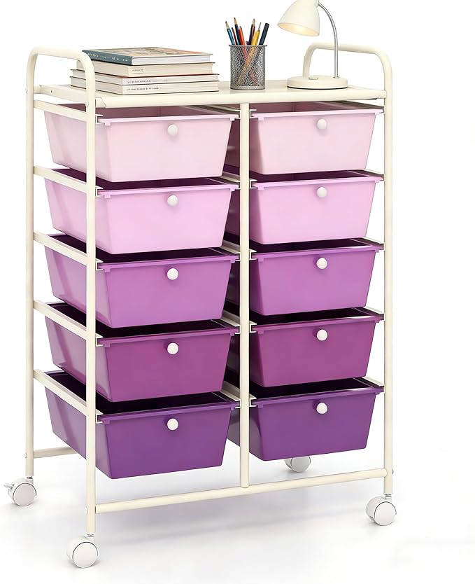 COSTWAY 10 Drawer Rolling Storage Cart, Utility Cart with Lockable Wheels | Mobile Art Supply Craft Organizer with Metal Frame, Multipurpose Drawer Cart for Paper for Office, School, Purple Gradient