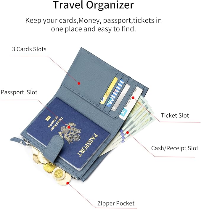 Passport wallet and Card Slot Combo RFID Blocking Leather Travel Passport Wallet for Men and Women with Zippered Coins Pocket Passport holder, Deep Blue