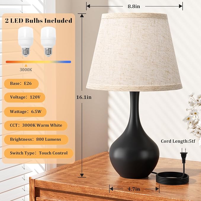 16.1" Touch Table Lamp for Nightstand, Dimmable Small Bedroom Lamp Set of 2 | Touch Control, Set of 2, Bulb Included, Black Bedside Lamps for Desk, Night Stands, Living Room, End Table, Corded