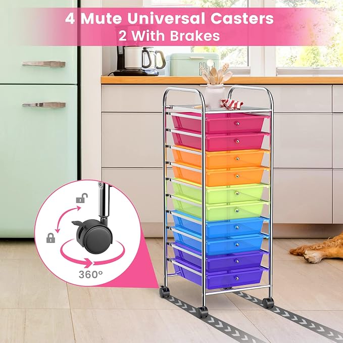 COSTWAY 10-Drawer Rolling Storage Cart, Utility Mobile Trolley | Removable Drawers & Universal Casters & 2 Brakes, Versatile Flexible Drawer Organizer Cart for Home, Office (Rainbow)