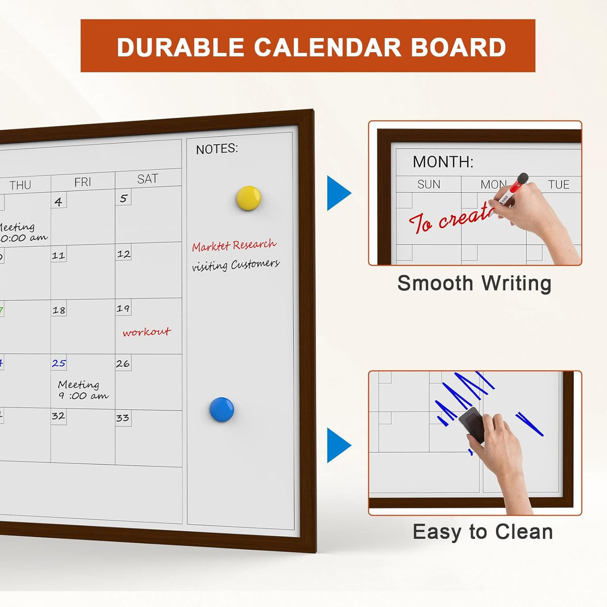 Comix Dry Erase Calendar Whiteboard for Wall,Magnetic Dry Erase White Board with Brown Wood Frame, 36 * 24 inches Decorative Planner Board for Office, Kitchen, School, Home