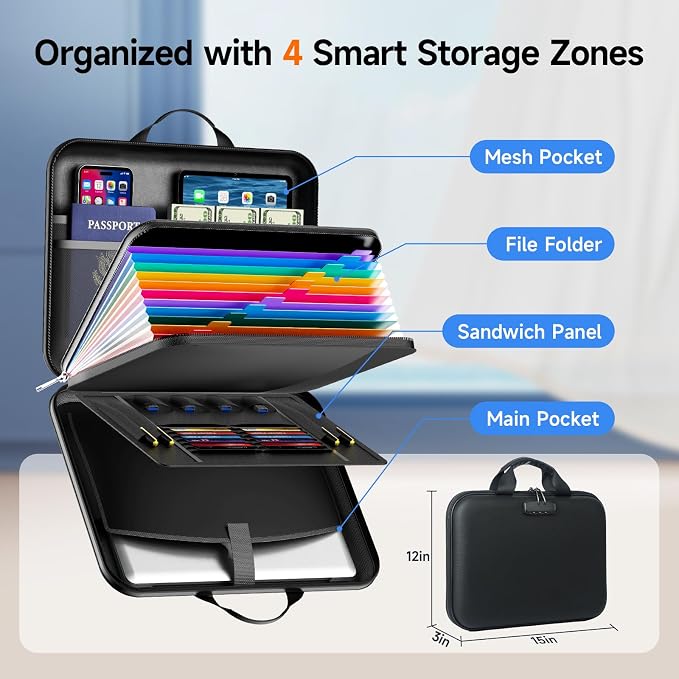 Fireproof Document Box with Lock, Waterproof Hard-Shell File Organizer with 13-Pocket Accordion Folder & Multi-Compartments for Laptop, Documents, Passports & Valuables