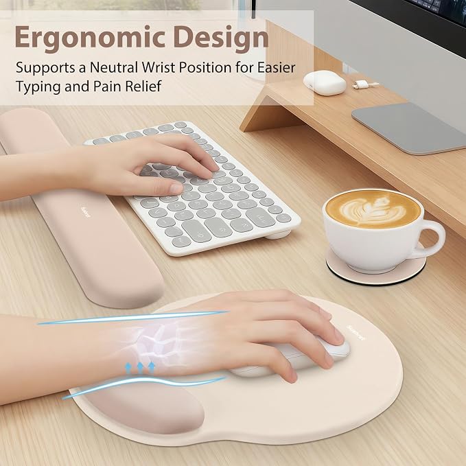 Mouse Pad and Keyboard Wrist Rest, 3-in-1 Gel Memory Foam Ergonomic Mouse Pad with Wrist Rest Set, Gaming Mousepad Arm Cushion Support for Computer Office Desk Accessories Cute Setup,Apricot