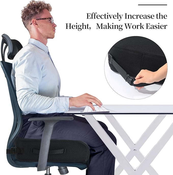 MABOZOO Extra Thick Chair Cushions,Office Chair Booster Seat Cushion to Raise Seat Height for Pain Relief,18 x 16 x 5 inch Non Slip Memory Foam Thick Cushion with Carry Handle（Black）